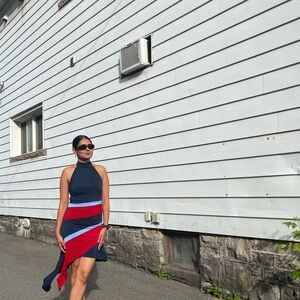 Asymmetrical Halter Stretchy Navy and Red Dress